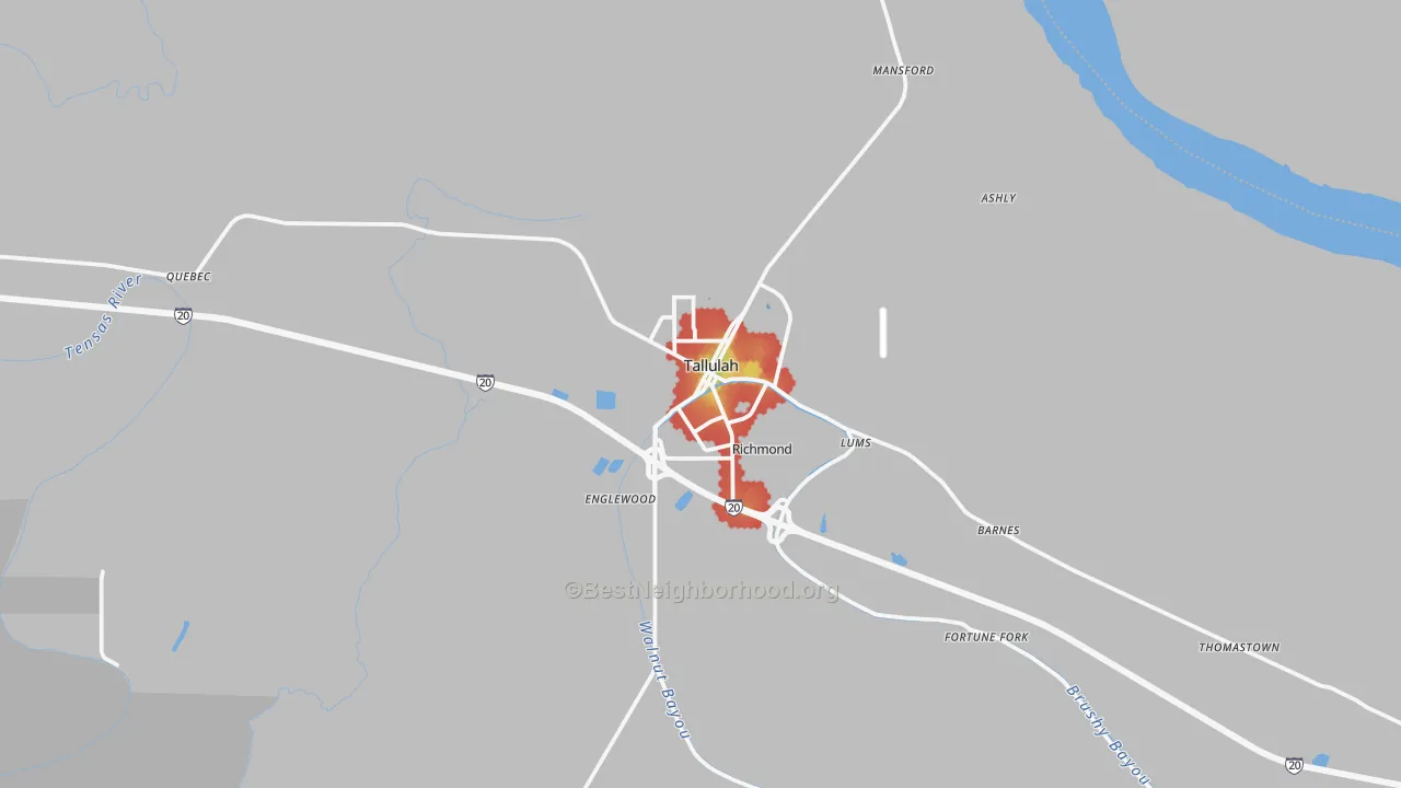 Walk Grade map of Tallulah, LA, walkable areas in green and car-dependent areas in red