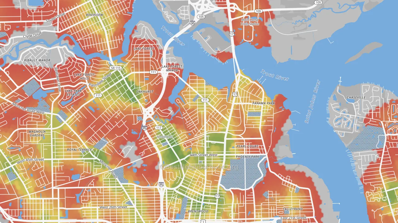 Walk Grade map of Tallulah-North Shore, Jacksonville, FL, walkable areas in green and car-dependent areas in red