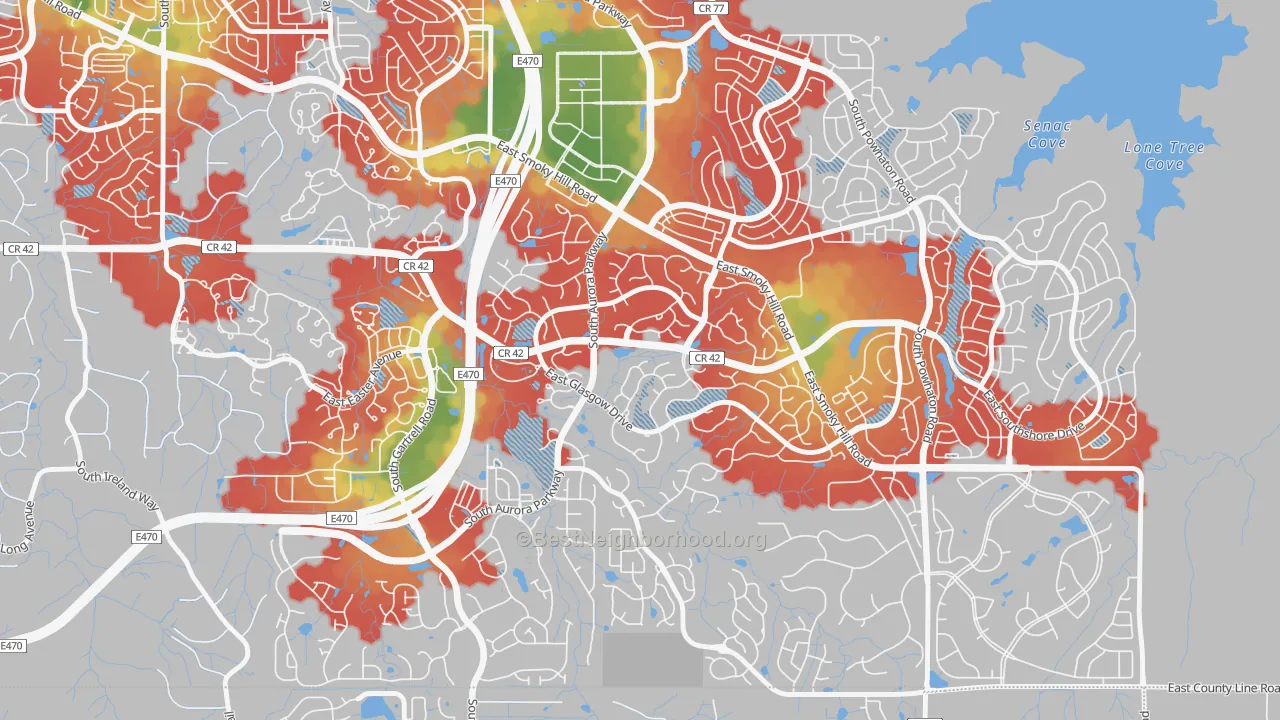Walk Grade map of Tallyn's Reach, Aurora, CO, walkable areas in green and car-dependent areas in red