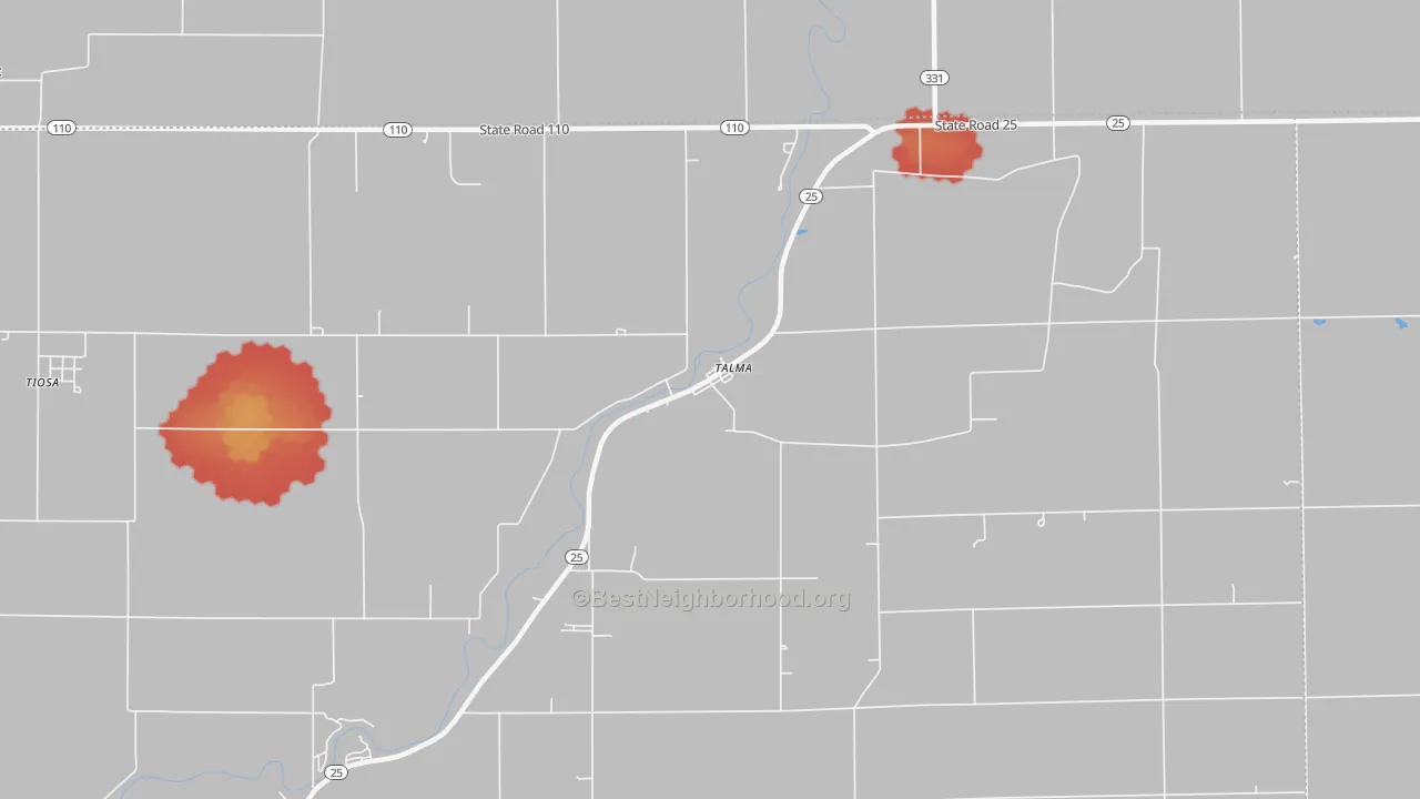 Walk Grade map of Talma, IN, walkable areas in green and car-dependent areas in red