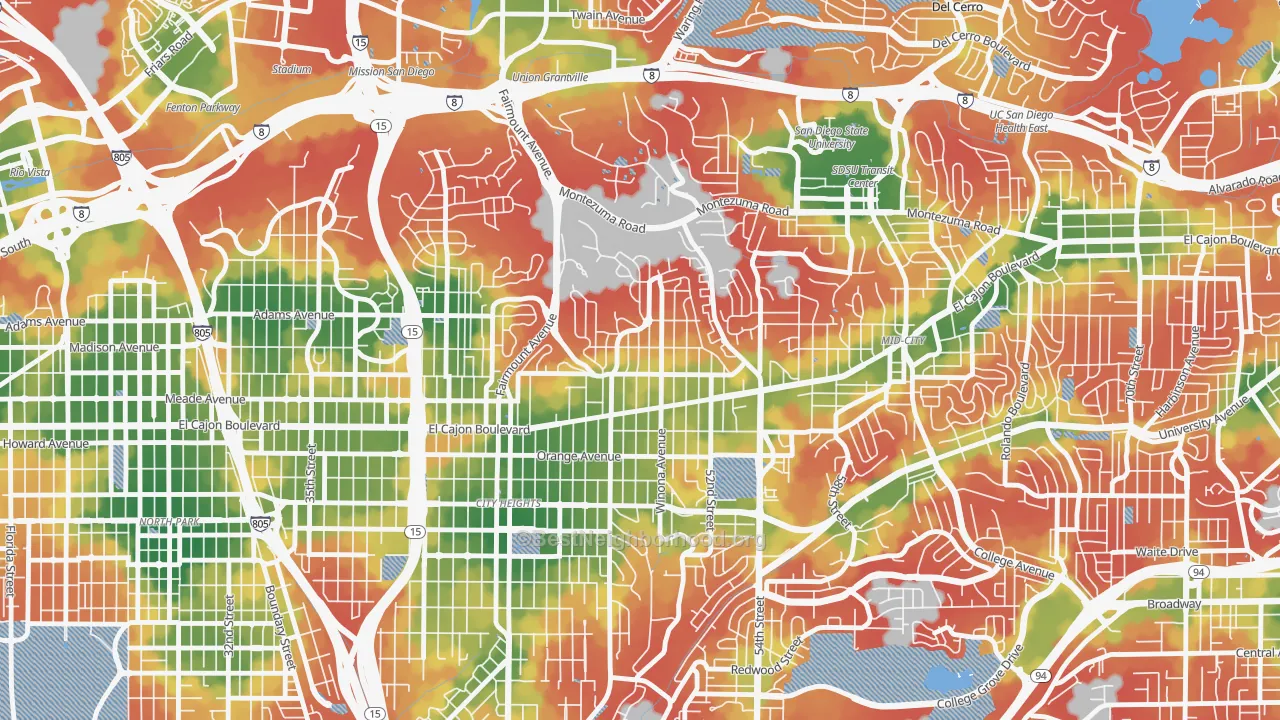 Walk Grade map of Talmadge, San Diego, CA, walkable areas in green and car-dependent areas in red