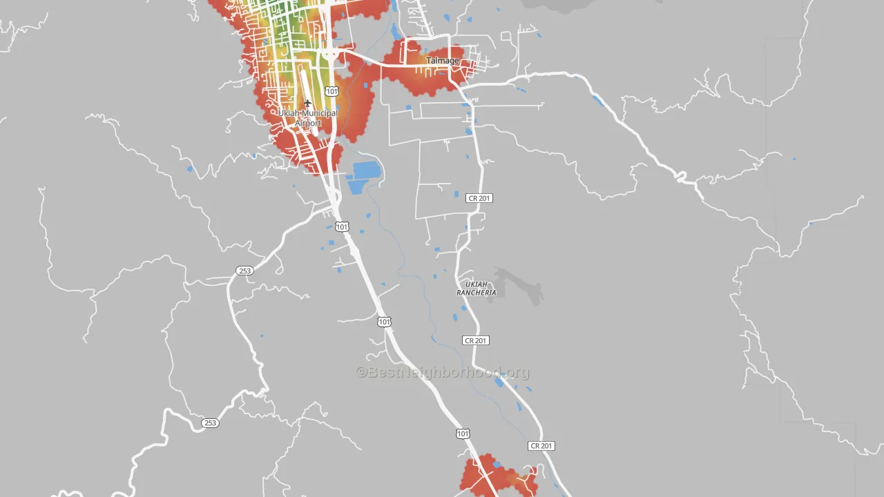 Walk Grade map of Talmage, CA, walkable areas in green and car-dependent areas in red