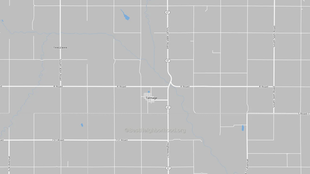 Walk Grade map of Talmage, NE, walkable areas in green and car-dependent areas in red