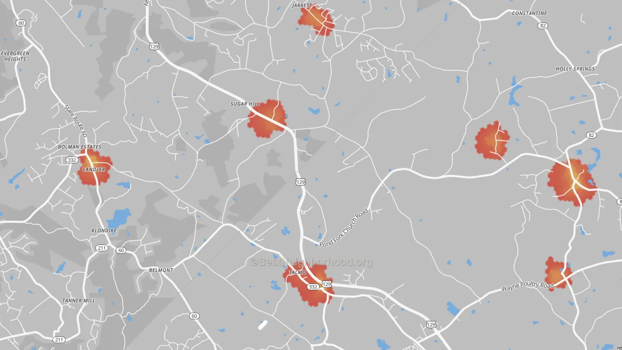 Walk Grade map of Talmo, GA, walkable areas in green and car-dependent areas in red