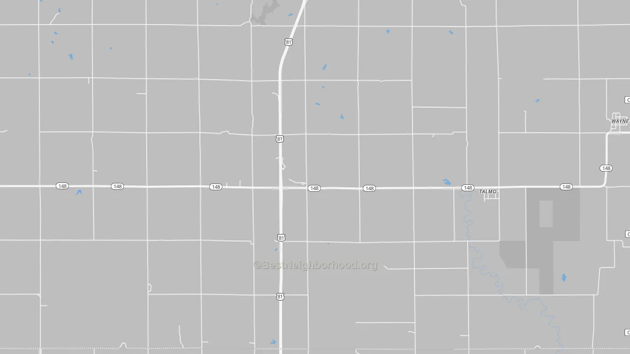 Walk Grade map of Talmo, KS, walkable areas in green and car-dependent areas in red