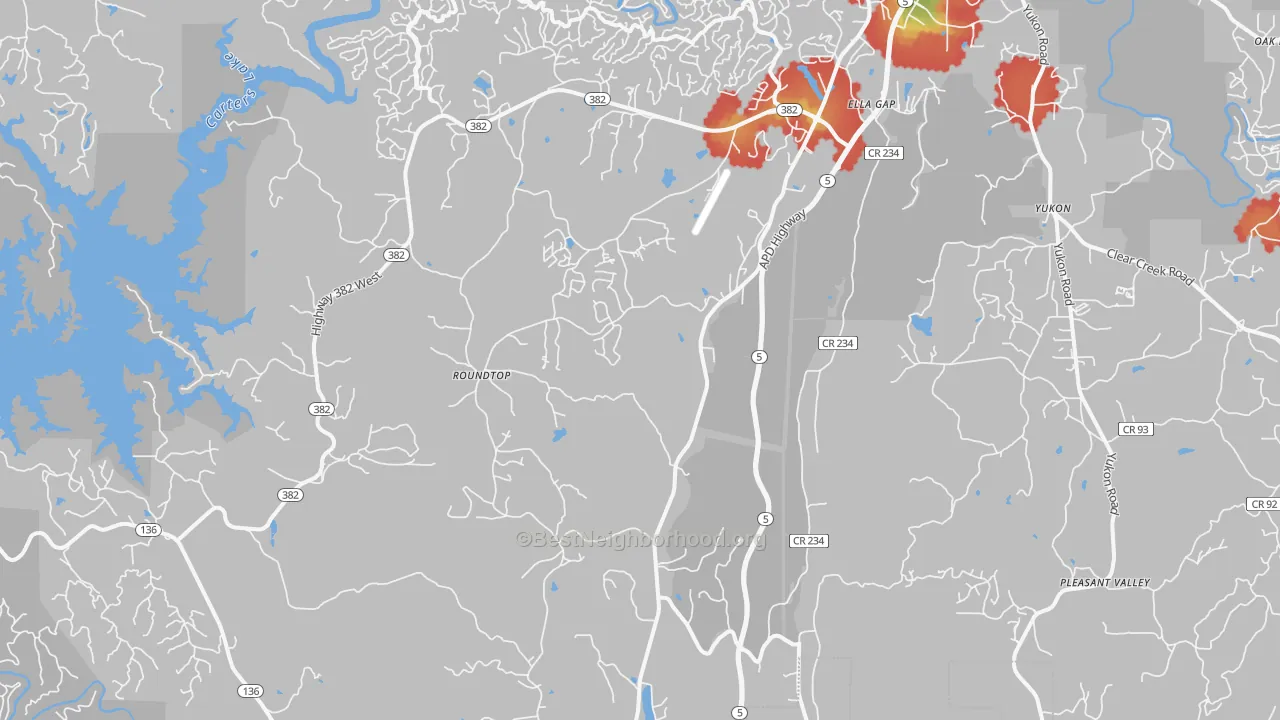 Walk Grade map of Talona, GA, walkable areas in green and car-dependent areas in red