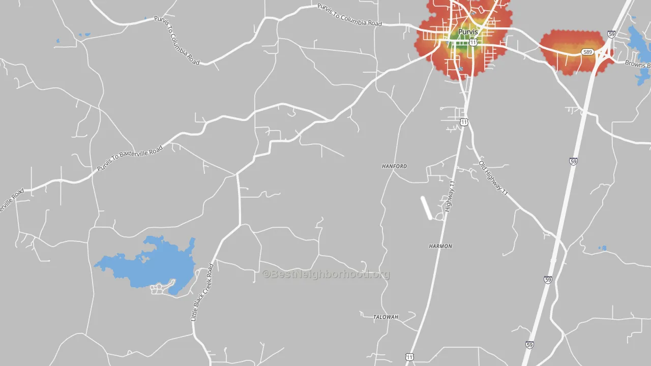 Walk Grade map of Talowah, MS, walkable areas in green and car-dependent areas in red