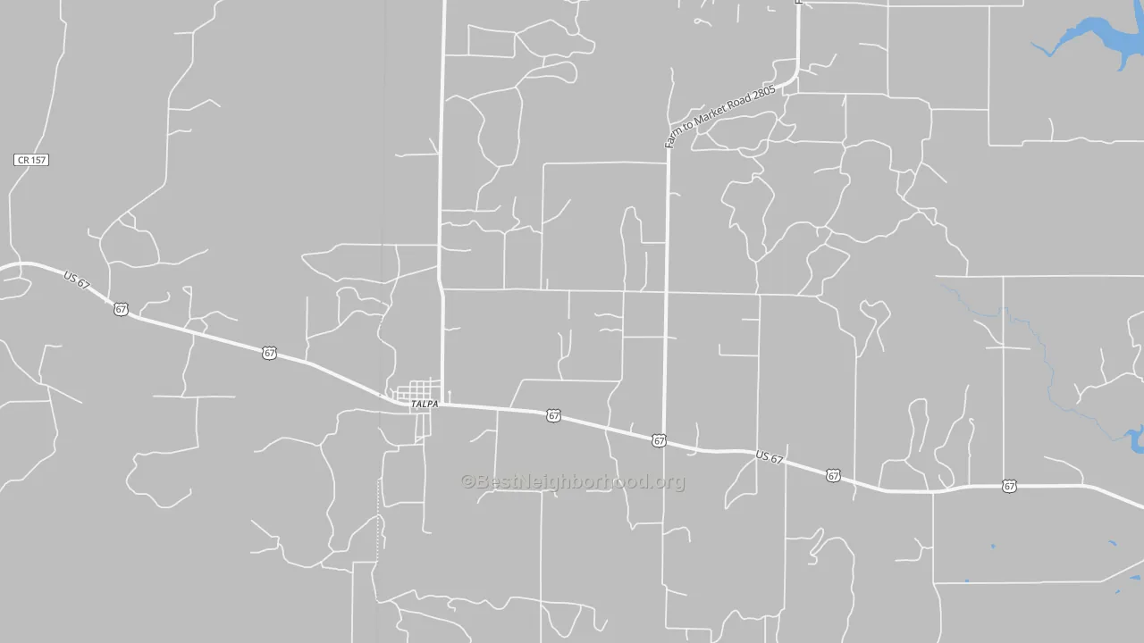Walk Grade map of Talpa, TX, walkable areas in green and car-dependent areas in red
