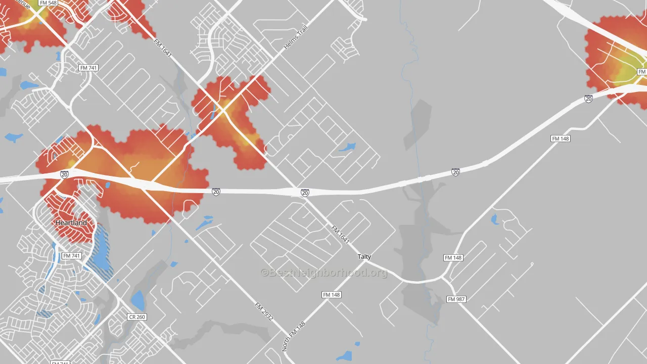 Walk Grade map of Talty, TX, walkable areas in green and car-dependent areas in red