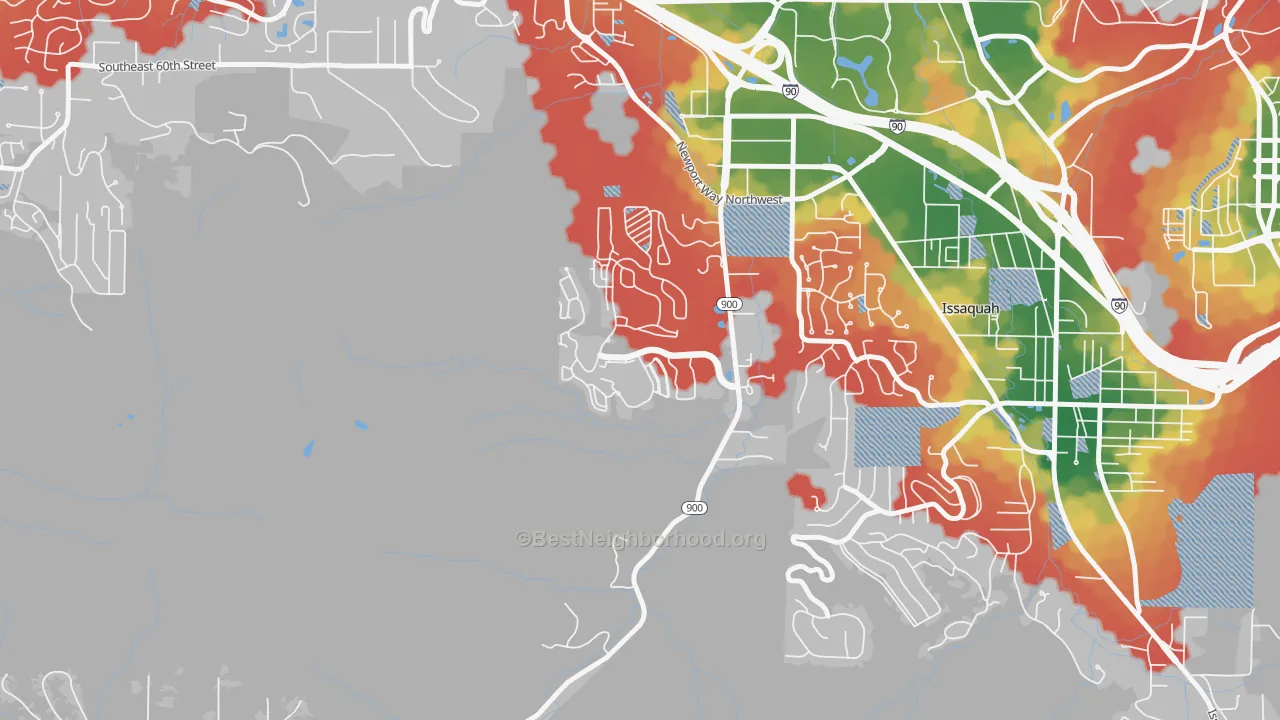 Walk Grade map of Talus, Issaquah, WA, walkable areas in green and car-dependent areas in red
