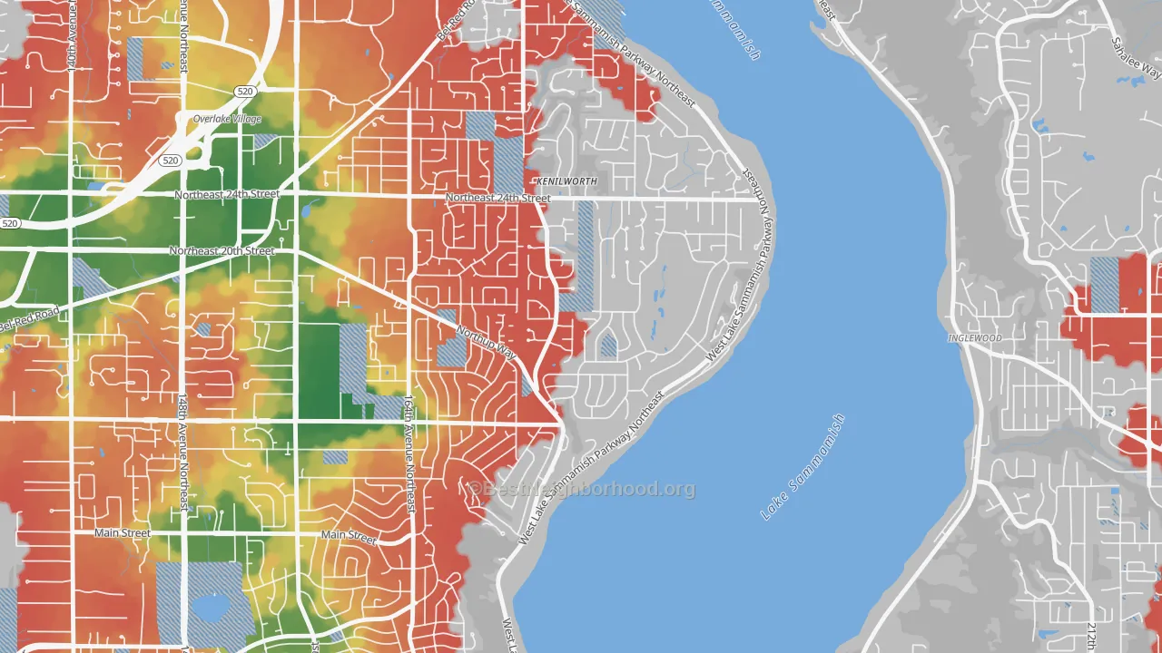 Walk Grade map of Tam O'shanter, Bellevue, WA, walkable areas in green and car-dependent areas in red