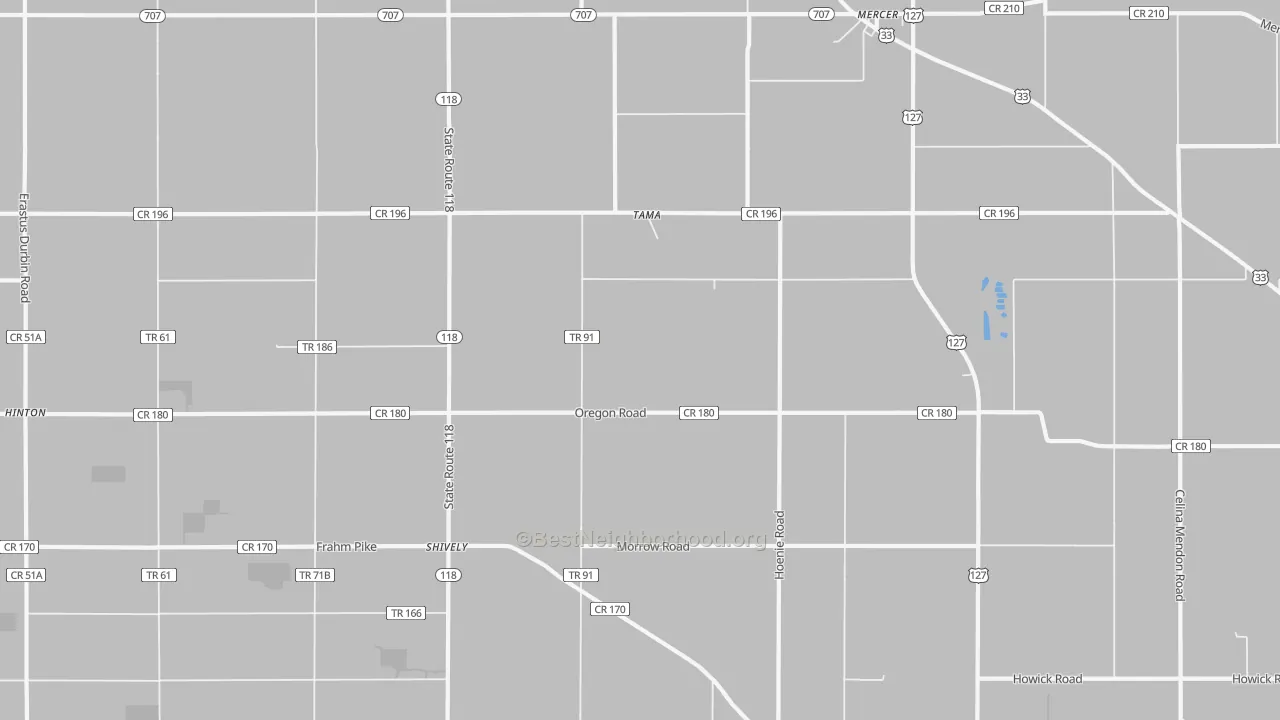 Walk Grade map of Tama, OH, walkable areas in green and car-dependent areas in red