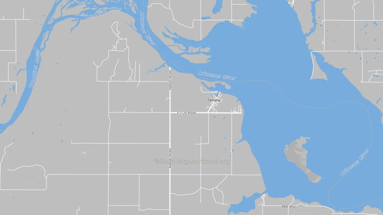 Walk Grade map of Tamaha, OK, walkable areas in green and car-dependent areas in red