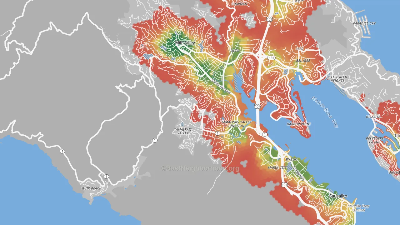 Walk Grade map of Tamalpais-Homestead Valley, CA, walkable areas in green and car-dependent areas in red