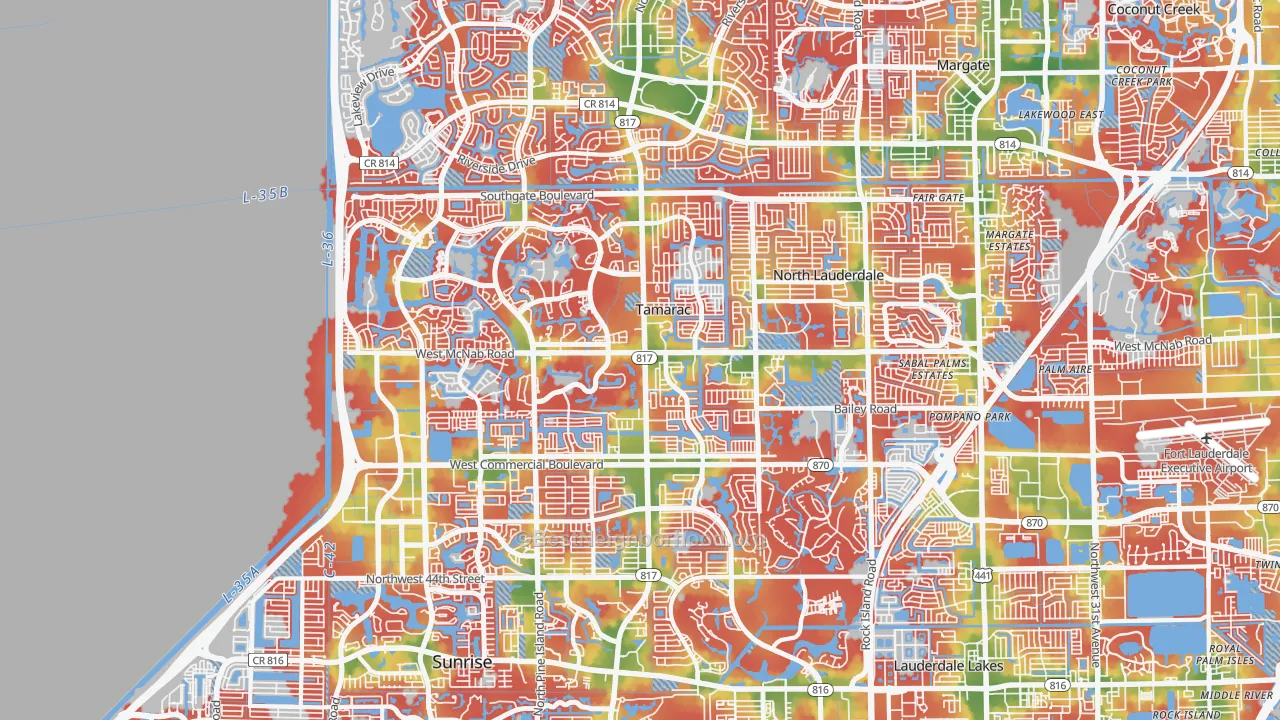 Walk Grade map of Tamarac, FL, walkable areas in green and car-dependent areas in red