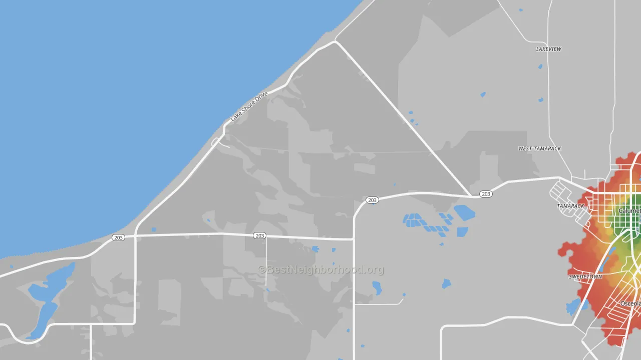 Walk Grade map of Tamarack, MI, walkable areas in green and car-dependent areas in red