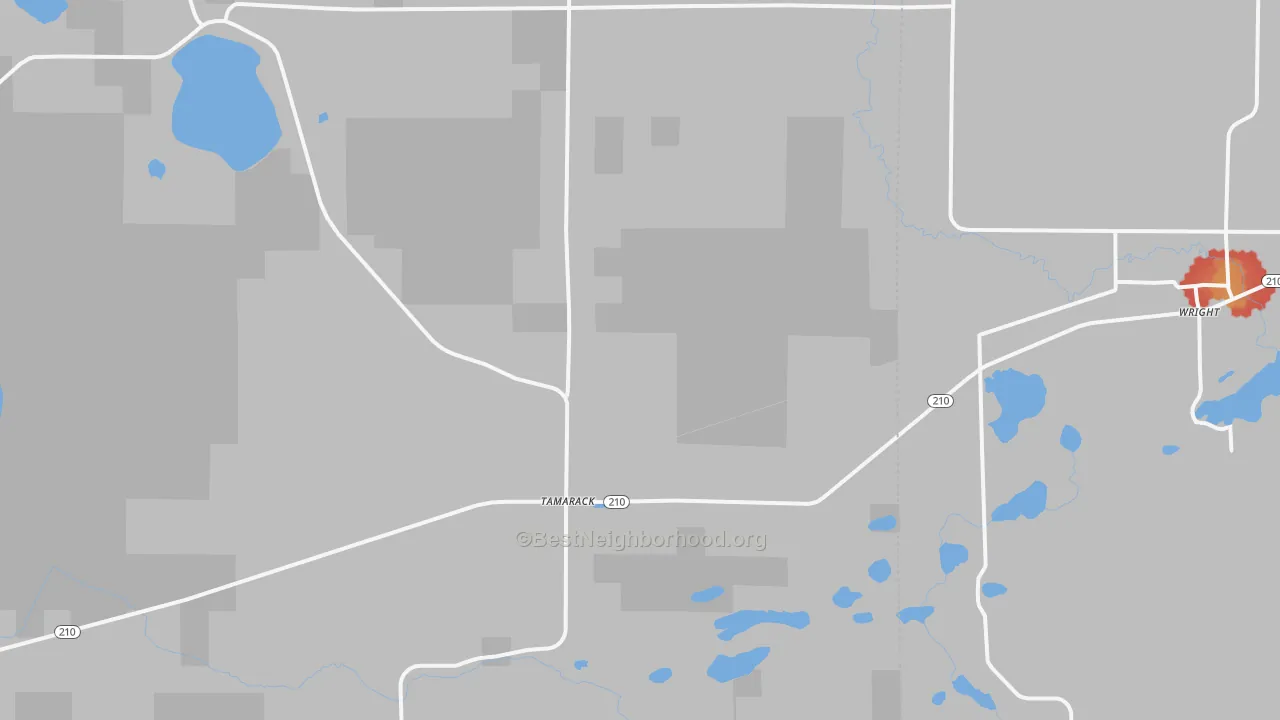 Walk Grade map of Tamarack, MN, walkable areas in green and car-dependent areas in red