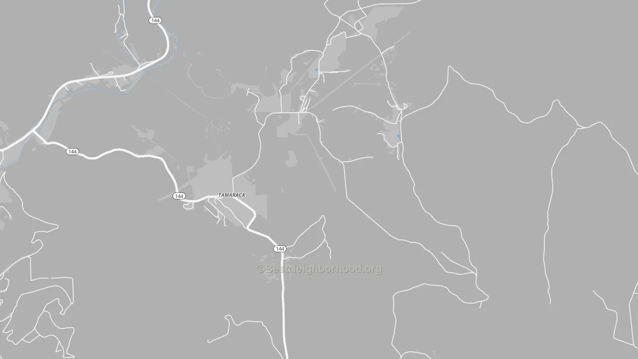 Walk Grade map of Tamarack, PA, walkable areas in green and car-dependent areas in red