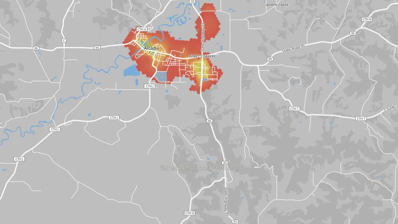 Walk Grade map of Tamarack, WI, walkable areas in green and car-dependent areas in red