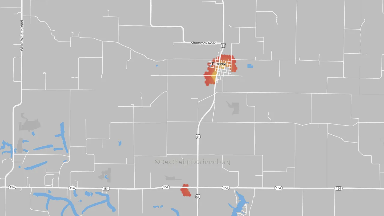 Walk Grade map of Tamaroa, IL, walkable areas in green and car-dependent areas in red