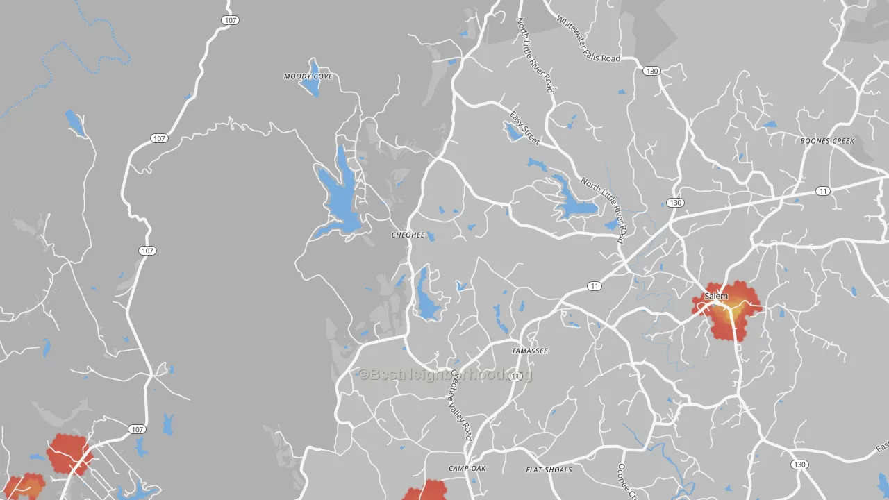 Walk Grade map of Tamassee, SC, walkable areas in green and car-dependent areas in red
