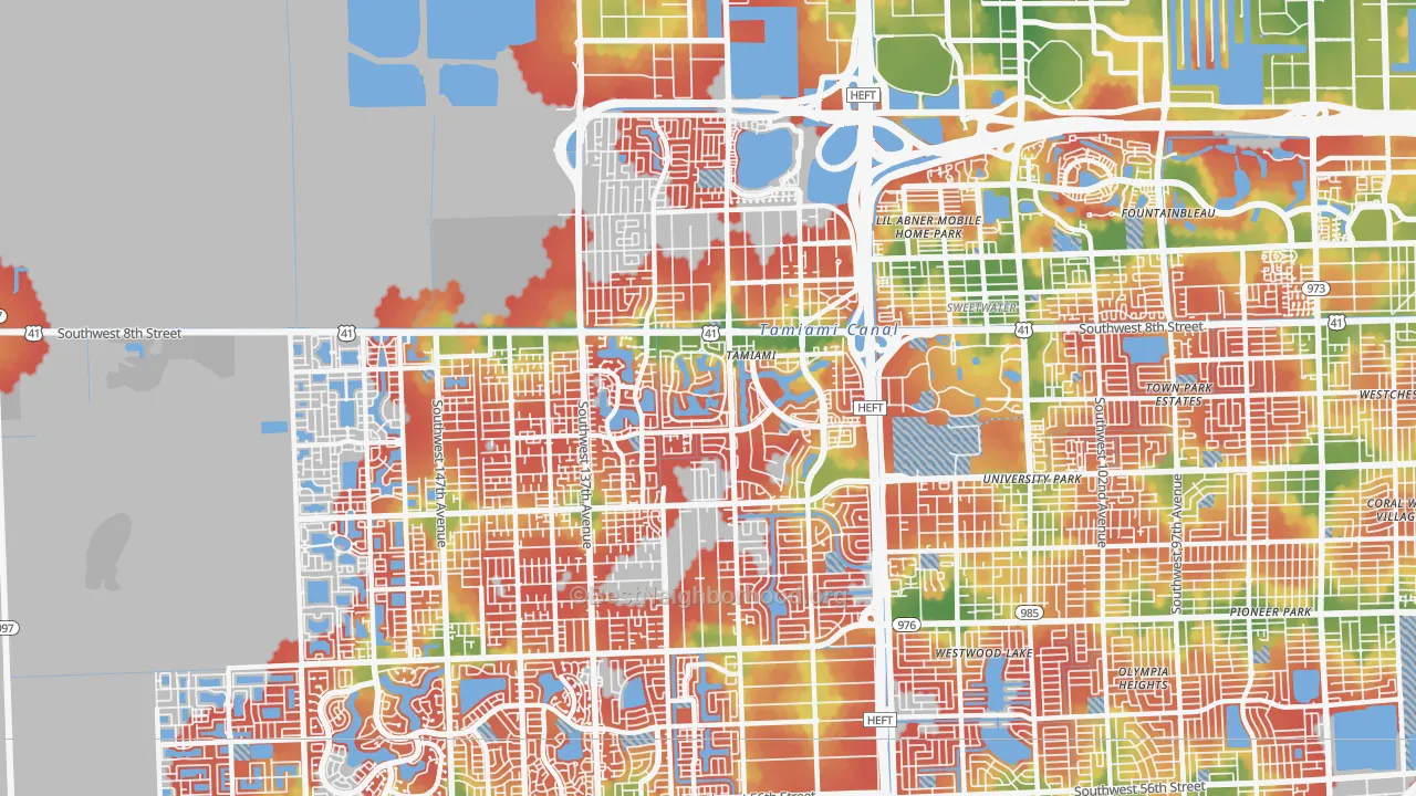 Walk Grade map of Tamiami, FL, walkable areas in green and car-dependent areas in red