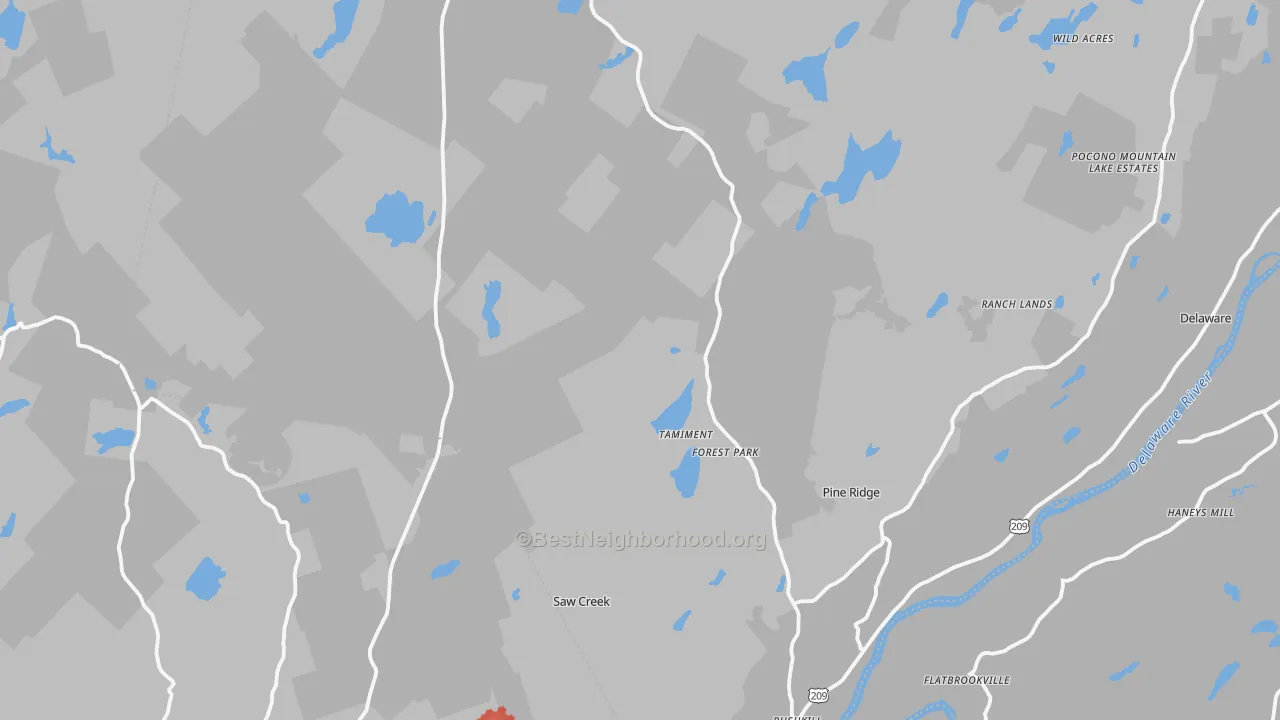 Walk Grade map of Tamiment, PA, walkable areas in green and car-dependent areas in red