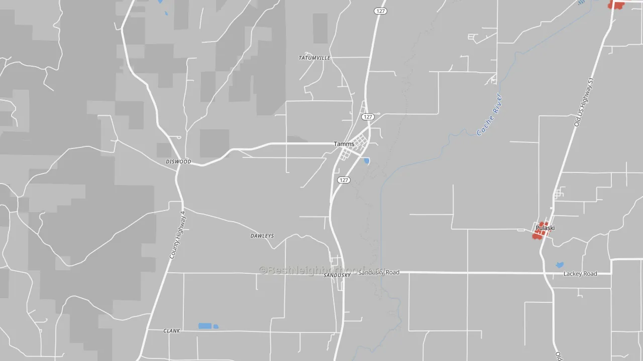 Walk Grade map of Tamms, IL, walkable areas in green and car-dependent areas in red