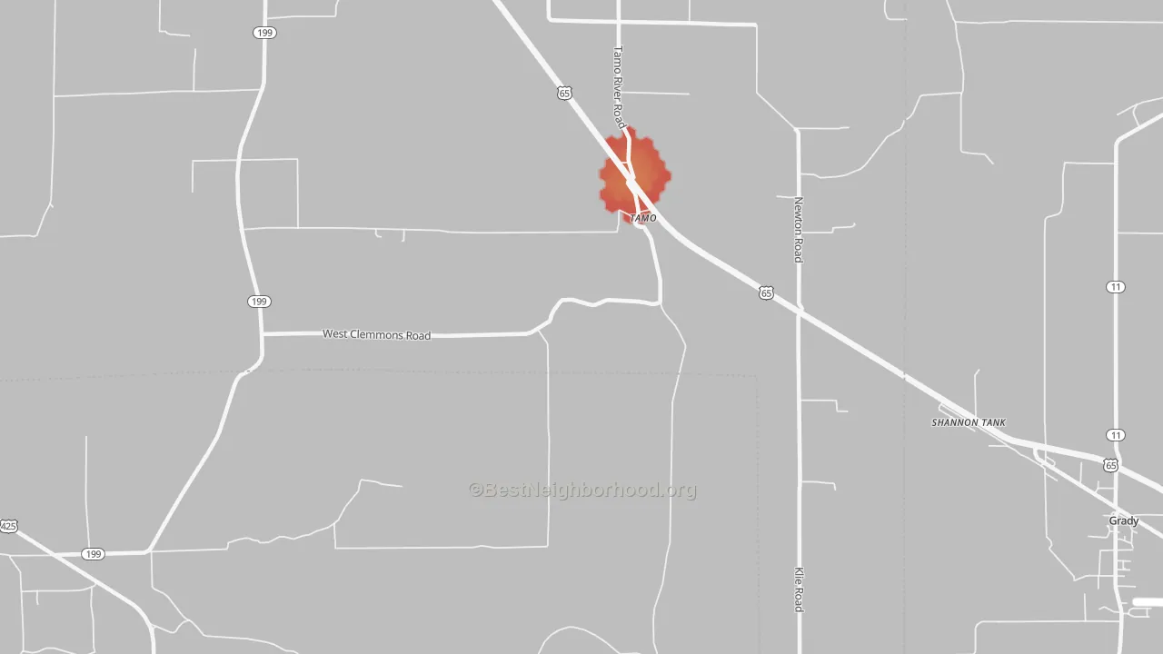 Walk Grade map of Tamo, AR, walkable areas in green and car-dependent areas in red