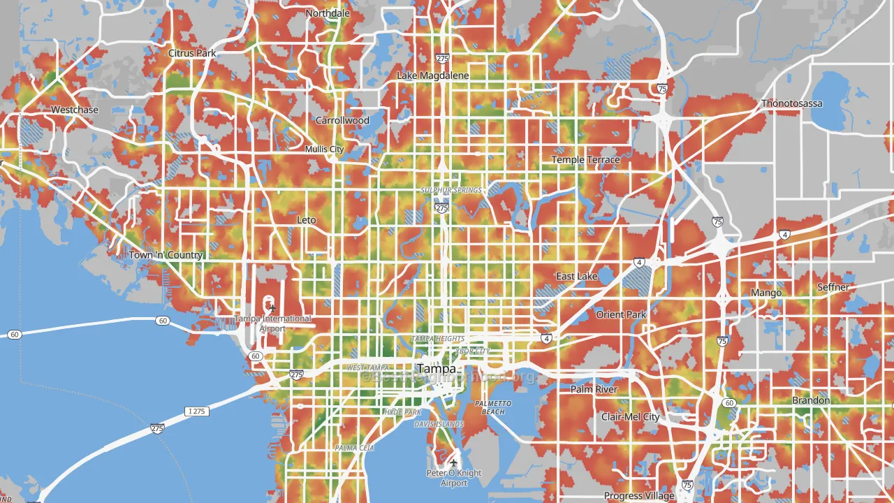 Walk Grade map of Tampa, FL, walkable areas in green and car-dependent areas in red
