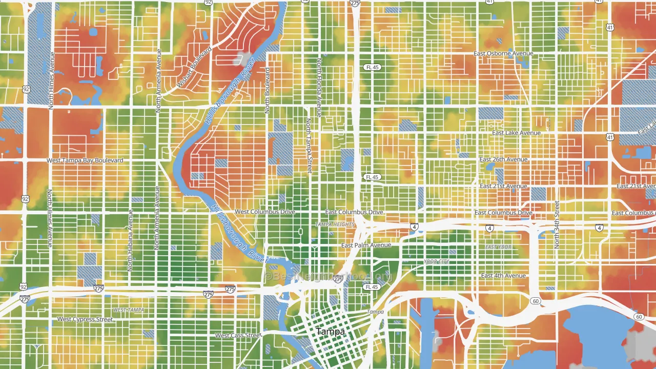 Walk Grade map of Tampa Heights, Tampa, FL, walkable areas in green and car-dependent areas in red