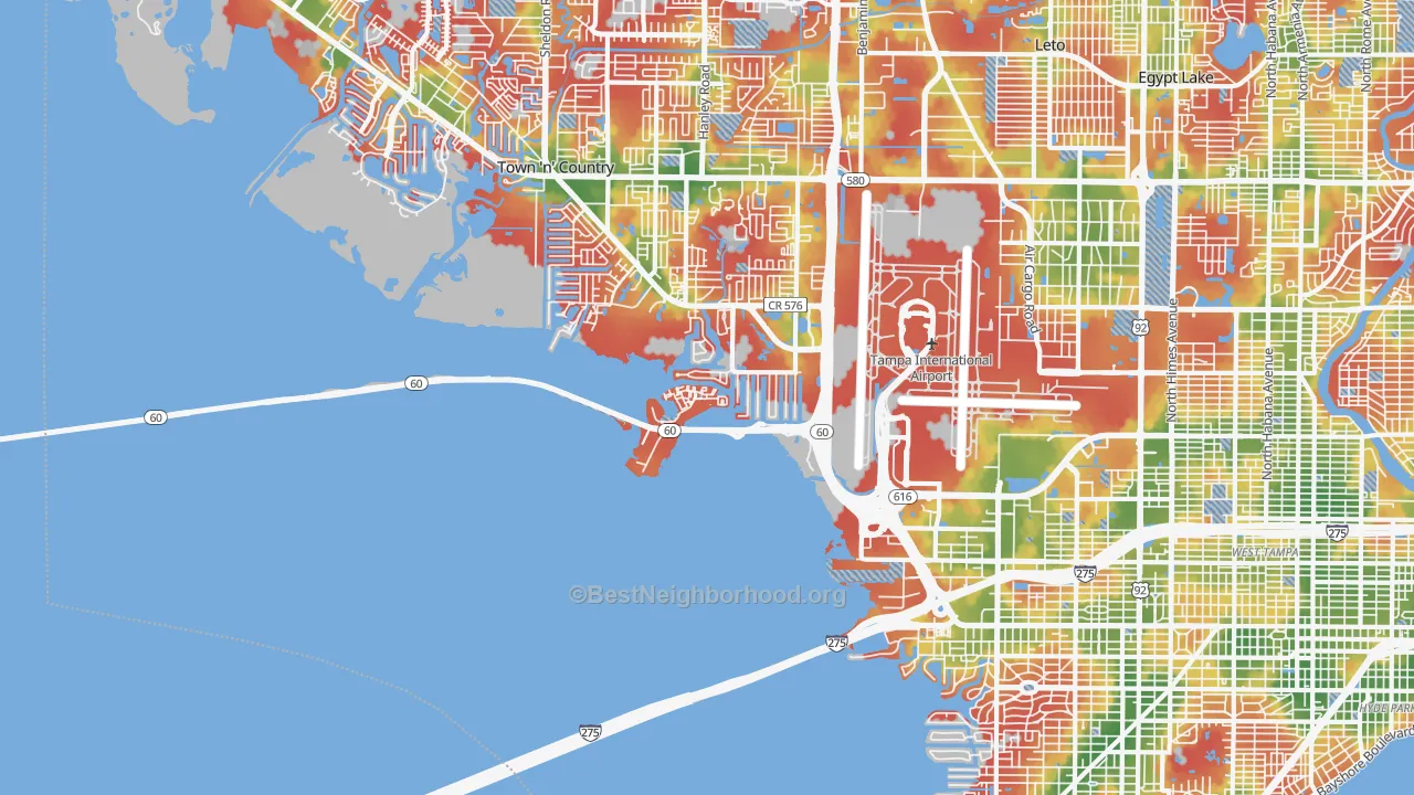 Walk Grade map of Tampa International Airport Area, Tampa, FL, walkable areas in green and car-dependent areas in red