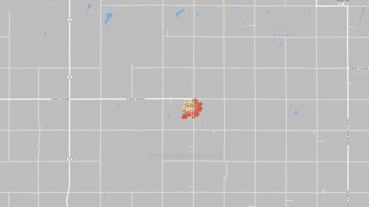 Walk Grade map of Tampa, KS, walkable areas in green and car-dependent areas in red