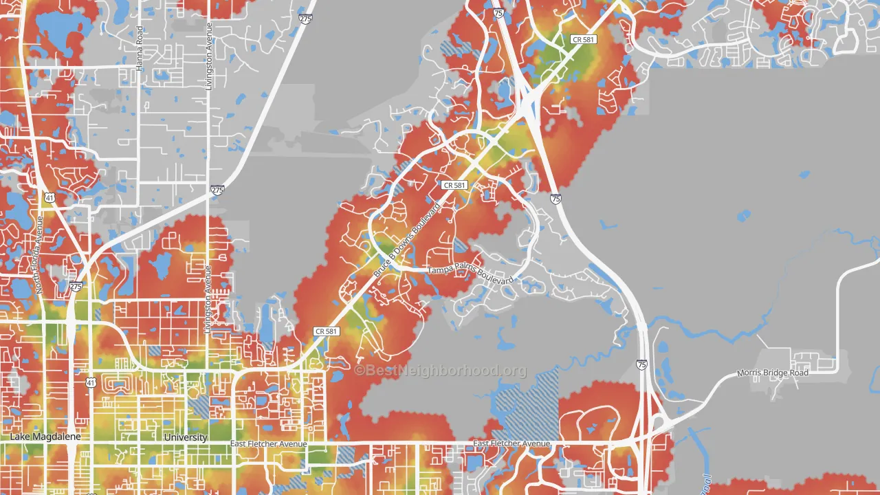 Walk Grade map of Tampa Palms, Tampa, FL, walkable areas in green and car-dependent areas in red