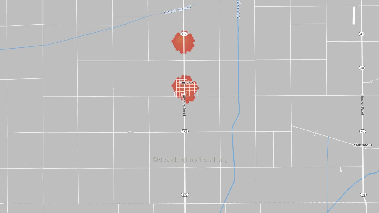Walk Grade map of Tampico, IL, walkable areas in green and car-dependent areas in red