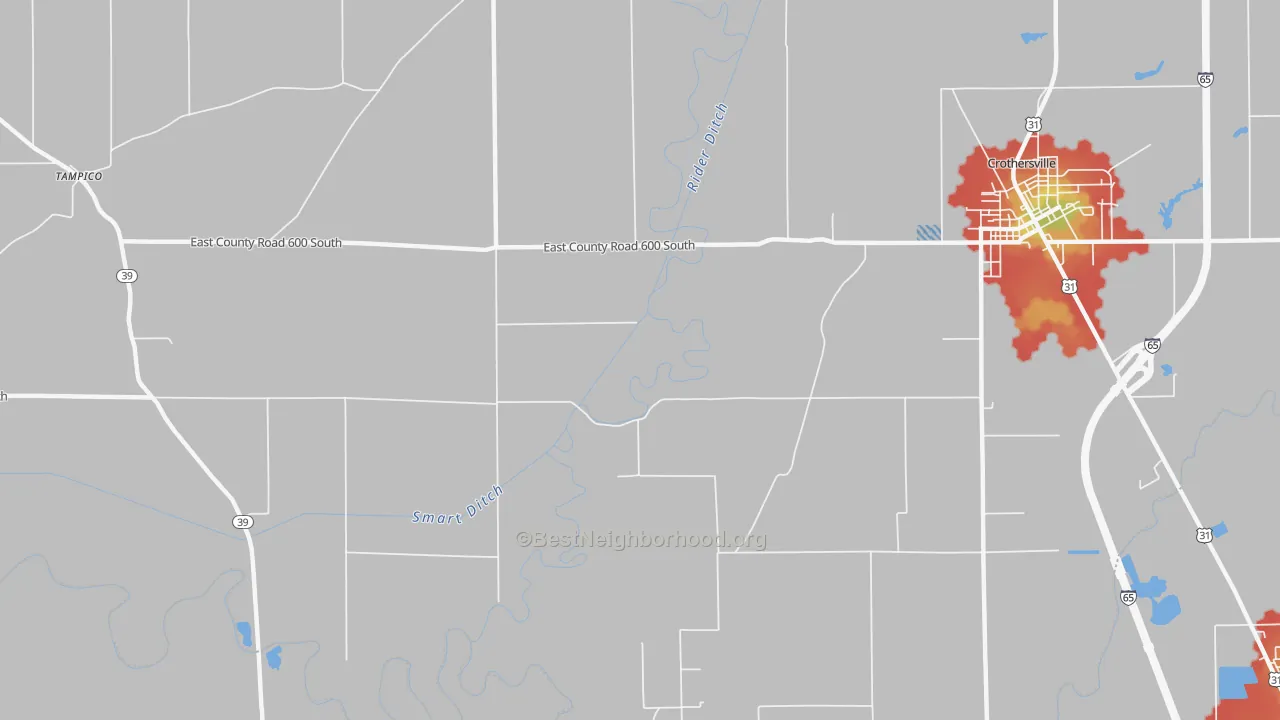 Walk Grade map of Tampico, IN, walkable areas in green and car-dependent areas in red