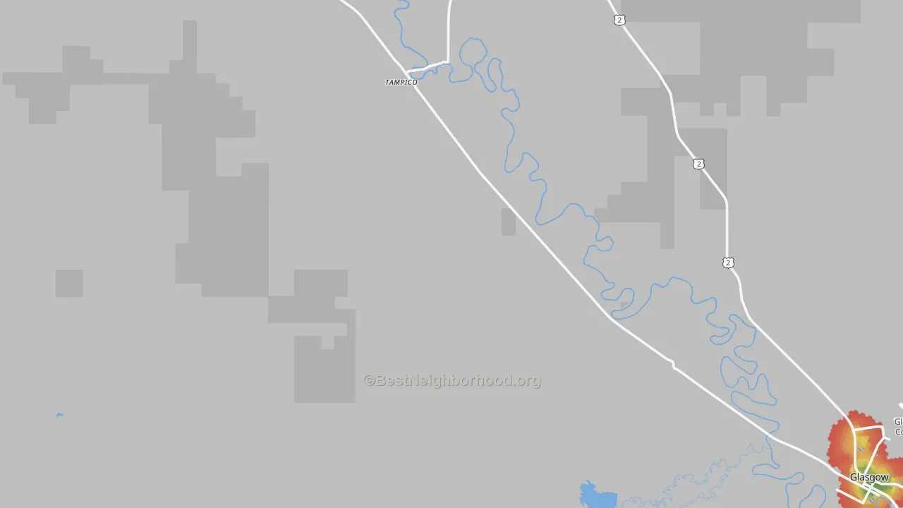 Walk Grade map of Tampico, MT, walkable areas in green and car-dependent areas in red