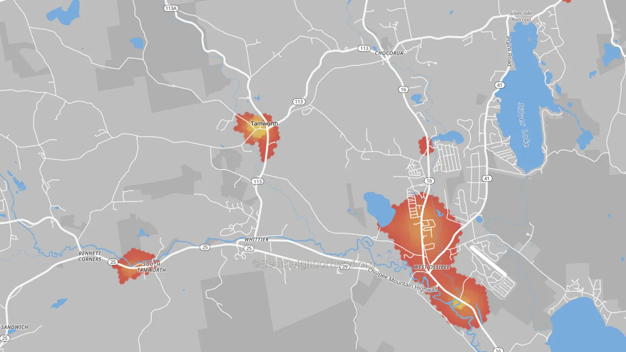 Walk Grade map of Tamworth, NH, walkable areas in green and car-dependent areas in red