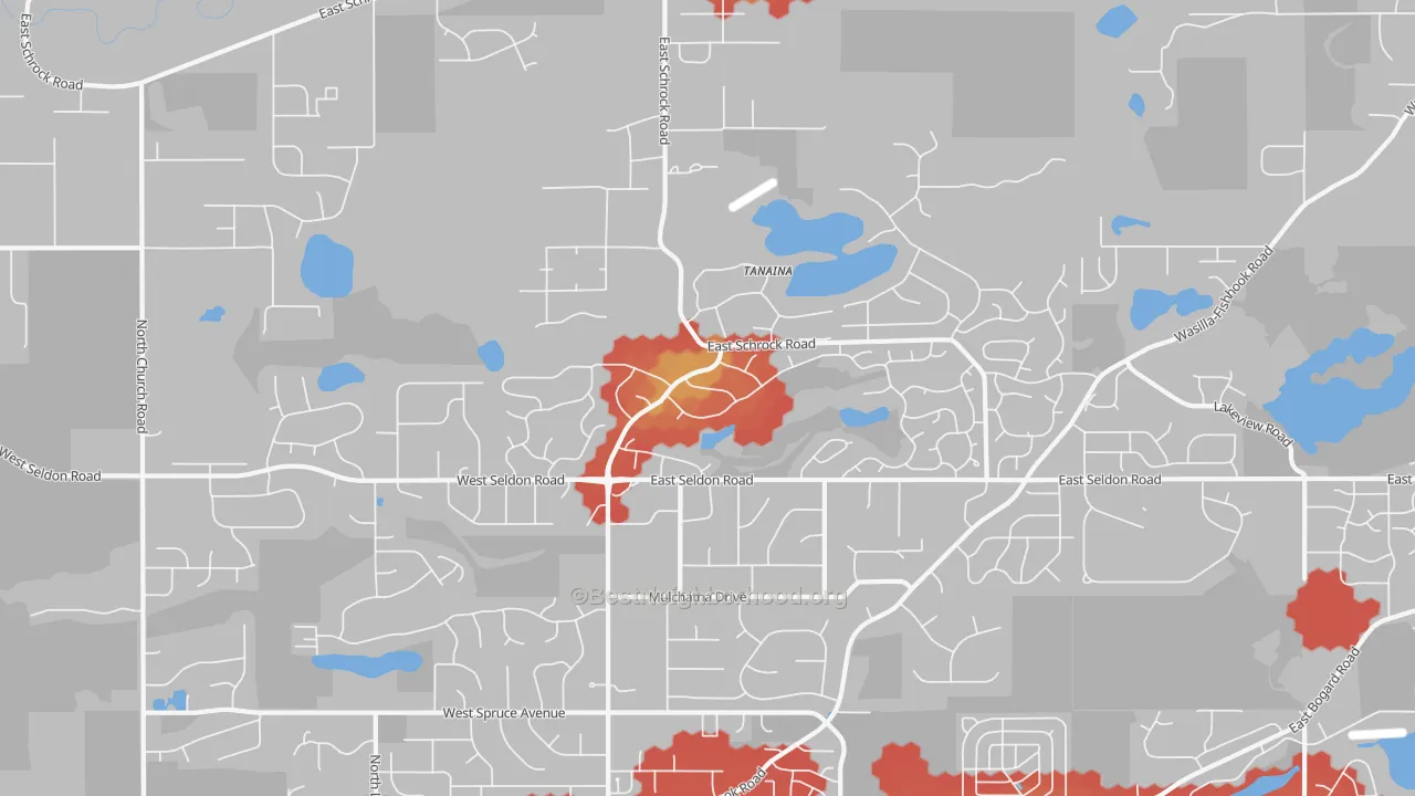 Walk Grade map of Tanaina, AK, walkable areas in green and car-dependent areas in red