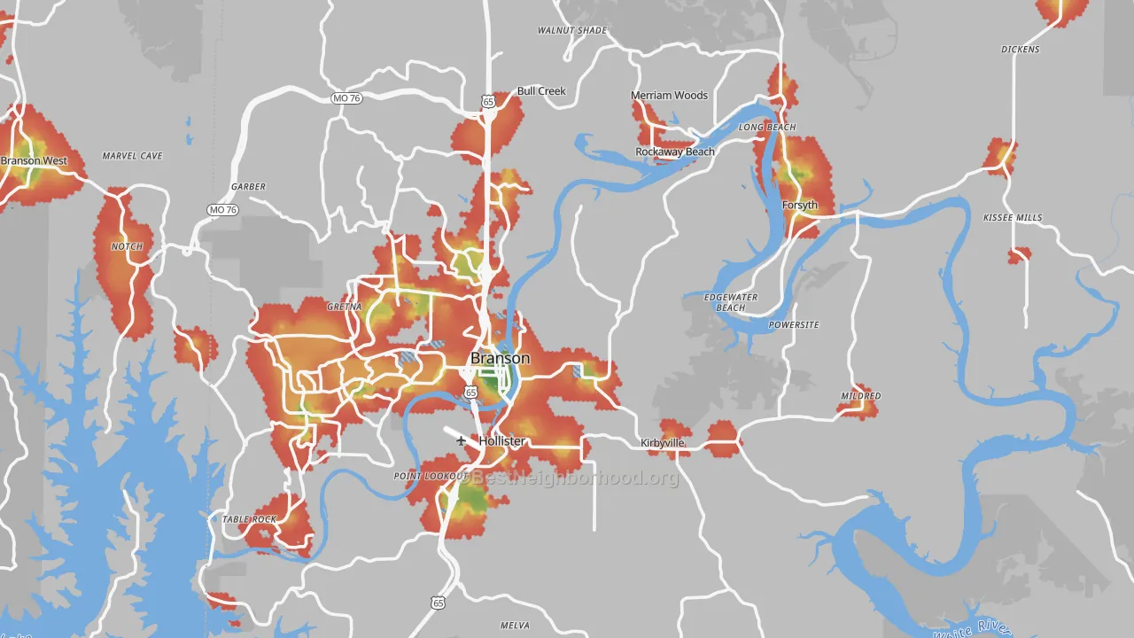 Walk Grade map of Taney County, MO, walkable areas in green and car-dependent areas in red