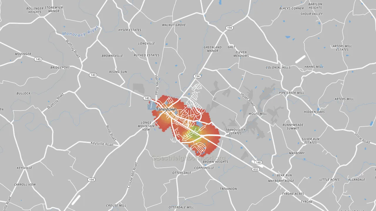 Walk Grade map of Taneytown, MD, walkable areas in green and car-dependent areas in red