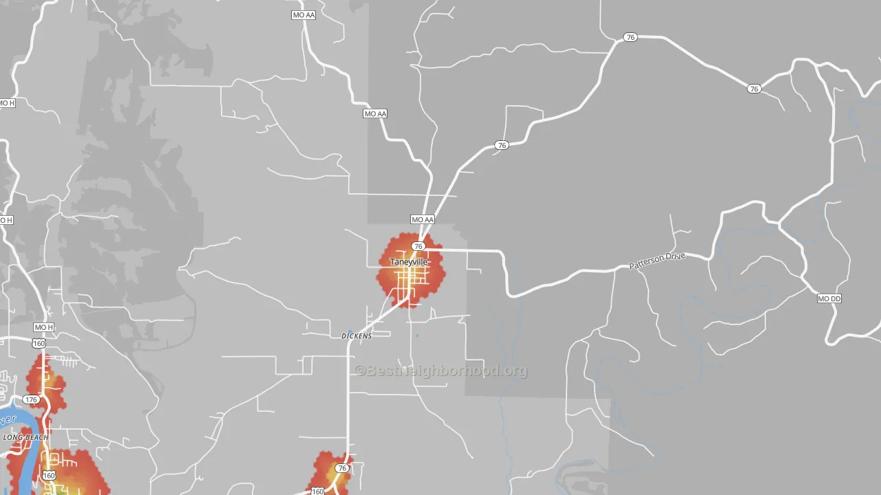 Walk Grade map of Taneyville, MO, walkable areas in green and car-dependent areas in red
