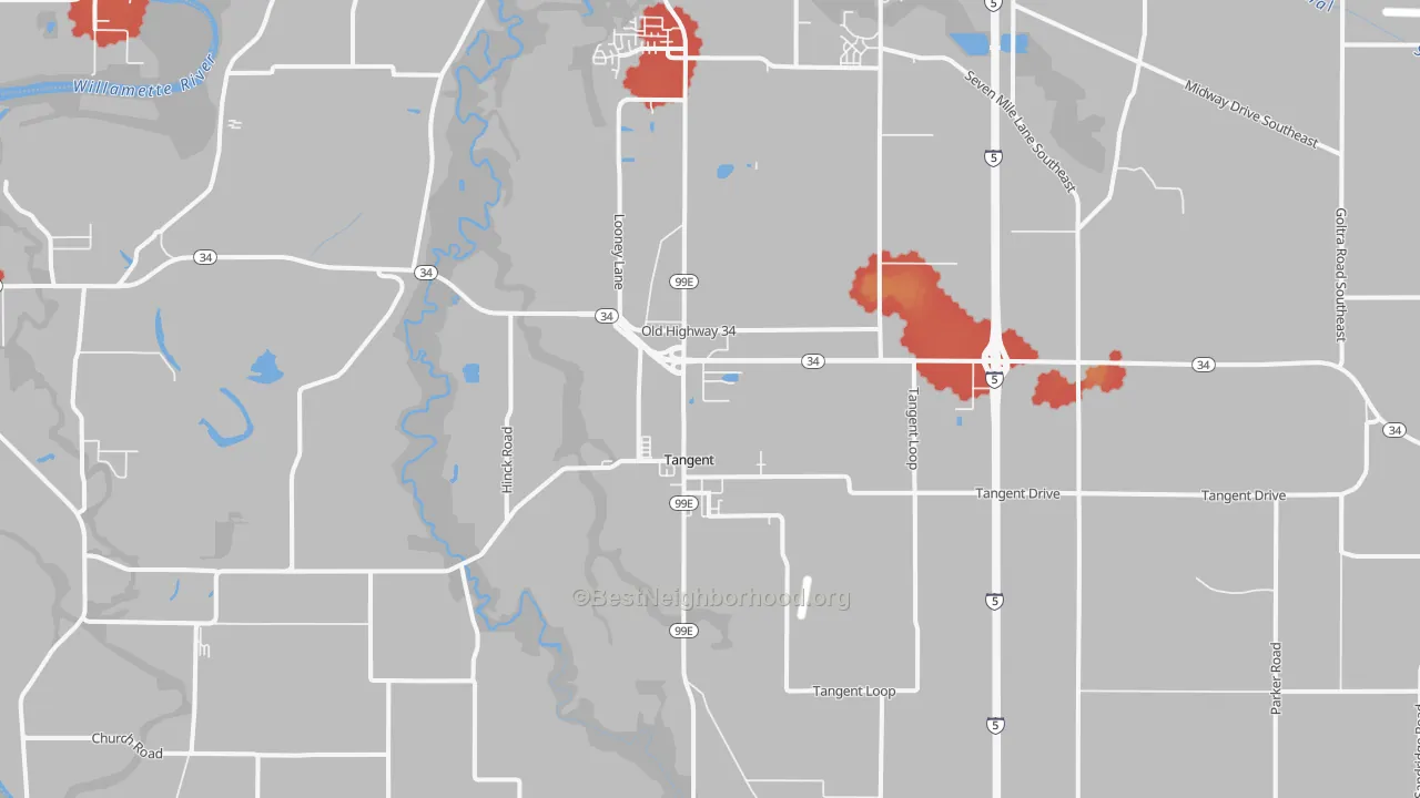 Walk Grade map of Tangent, OR, walkable areas in green and car-dependent areas in red