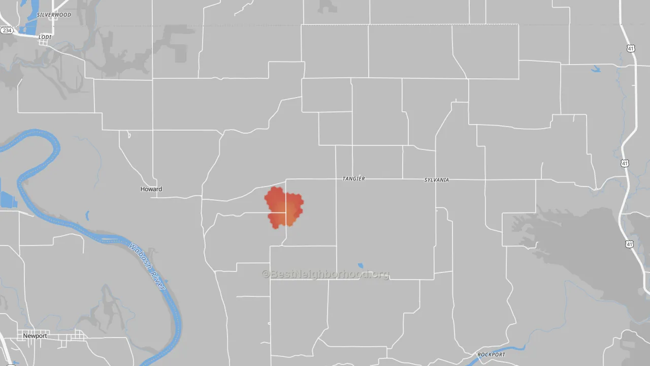Walk Grade map of Tangier, IN, walkable areas in green and car-dependent areas in red