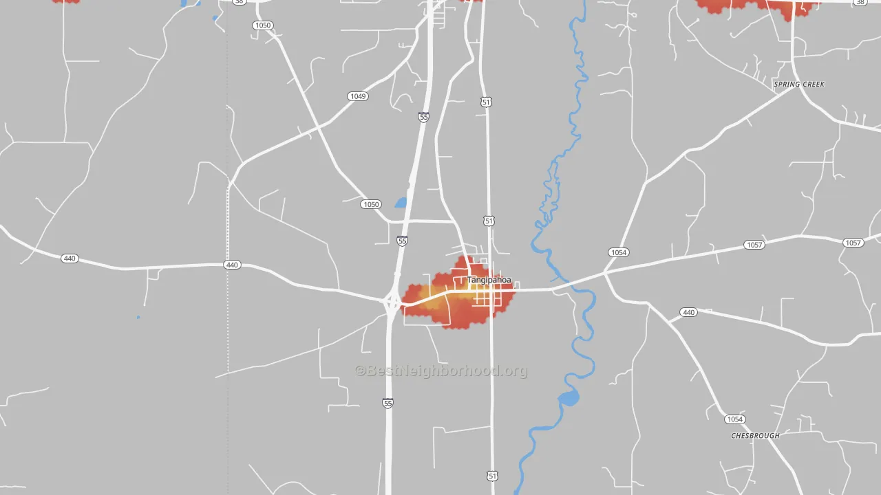 Walk Grade map of Tangipahoa, LA, walkable areas in green and car-dependent areas in red