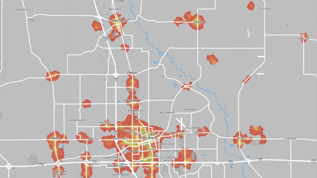 Walk Grade map of Tangipahoa Parish, LA, walkable areas in green and car-dependent areas in red