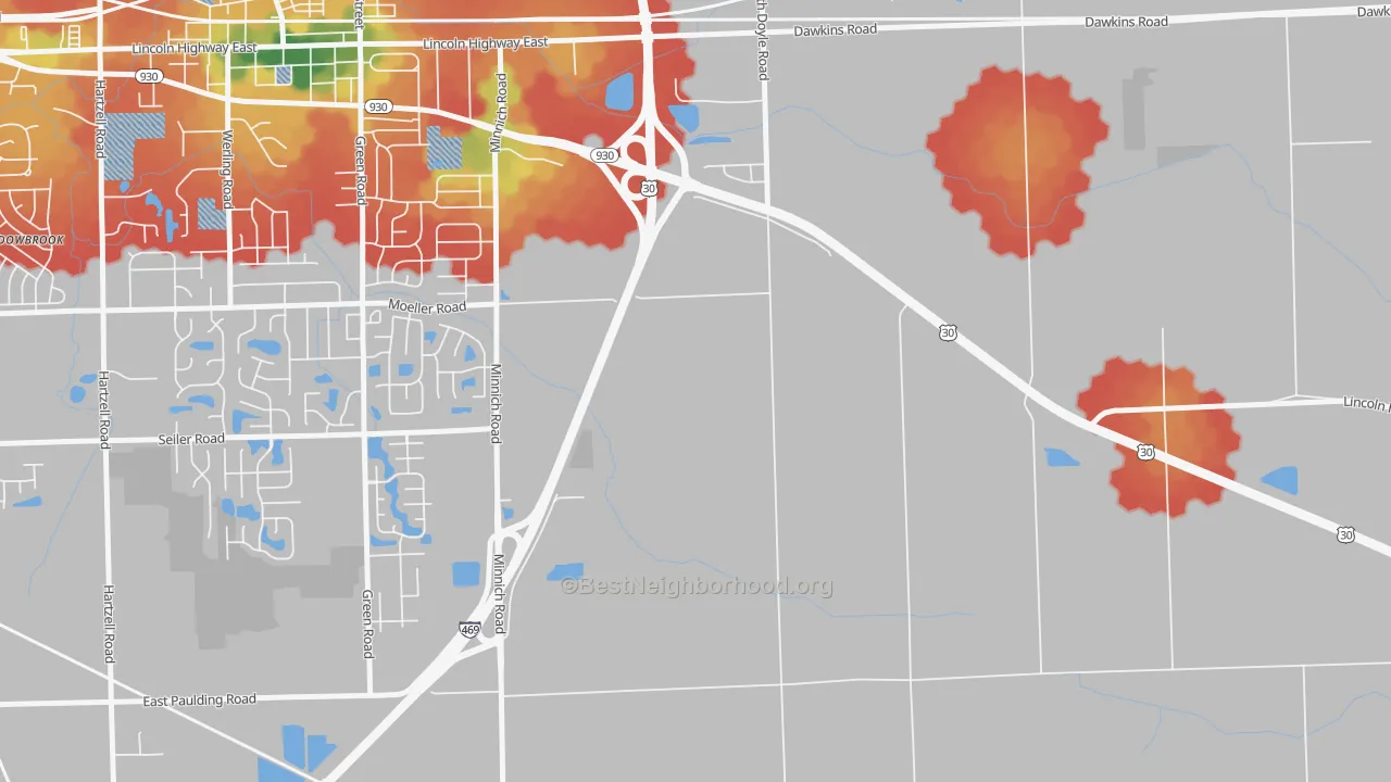 Walk Grade map of Tanglewood, IN, walkable areas in green and car-dependent areas in red