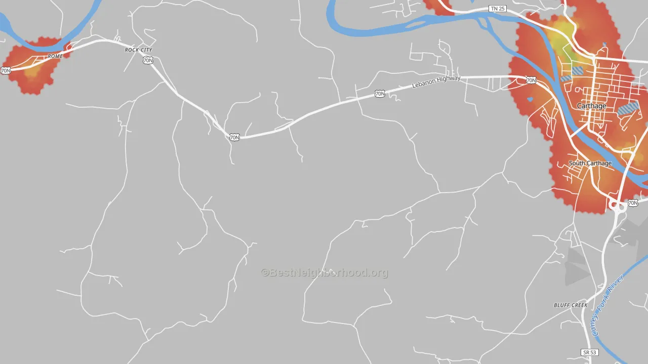 Walk Grade map of Tanglewood, TN, walkable areas in green and car-dependent areas in red