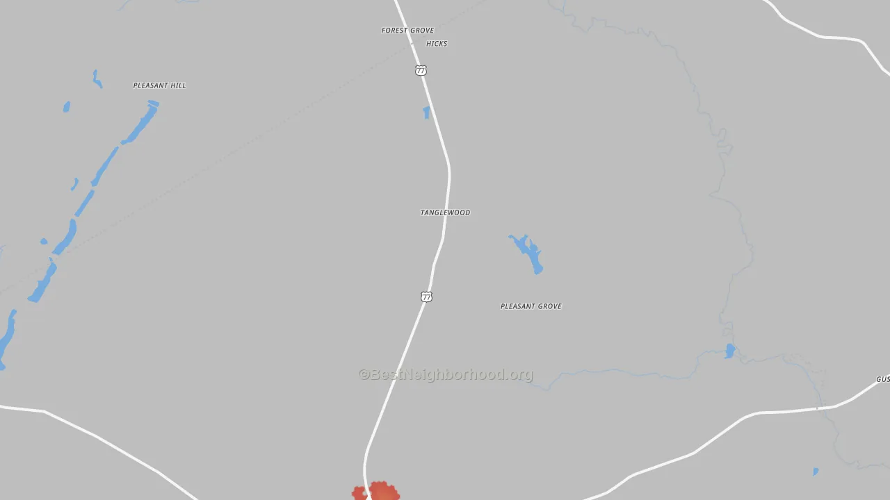 Walk Grade map of Tanglewood, TX, walkable areas in green and car-dependent areas in red