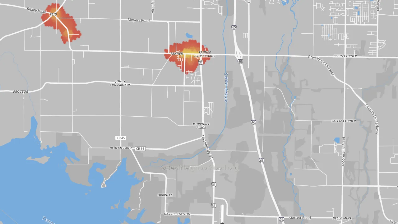 Walk Grade map of Tanner, AL, walkable areas in green and car-dependent areas in red